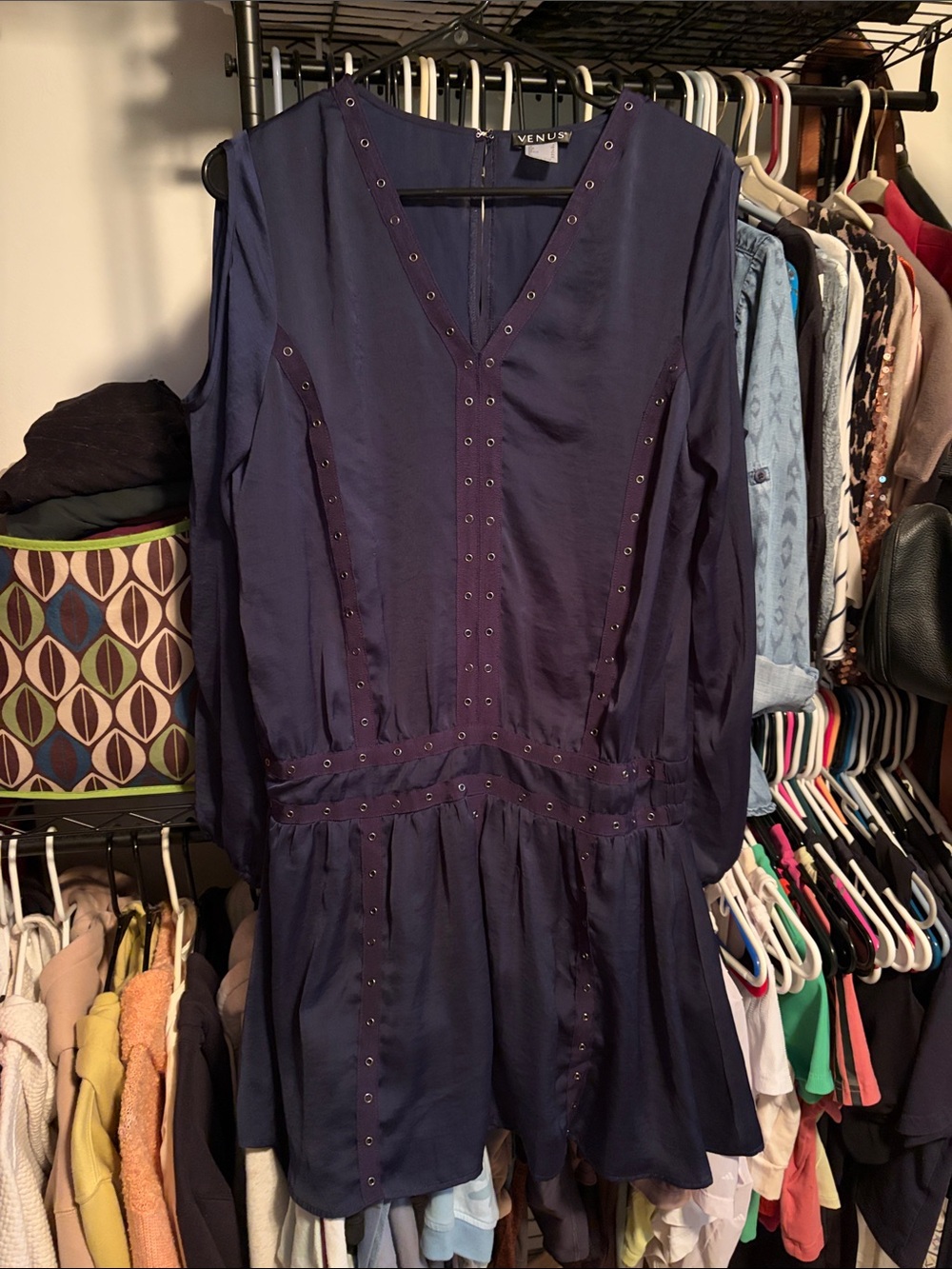 VENUS Deep Navy Long Sleeve V-Neck dress with Stud Accents